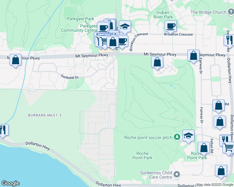 map of restaurants, bars, coffee shops, grocery stores, and more near 802 Roche Point Drive in North Vancouver