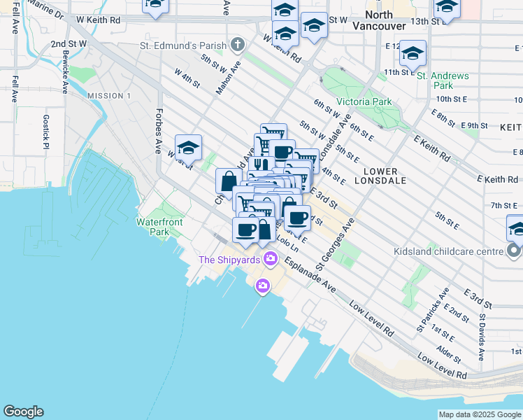 map of restaurants, bars, coffee shops, grocery stores, and more near in North Vancouver