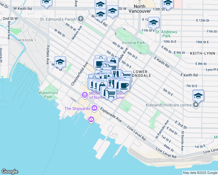 map of restaurants, bars, coffee shops, grocery stores, and more near 118 East 2nd Street in North Vancouver
