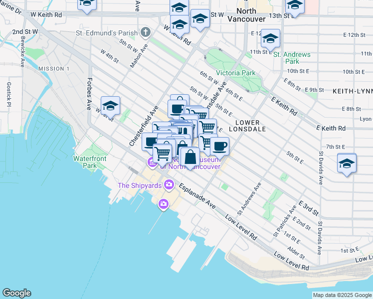 map of restaurants, bars, coffee shops, grocery stores, and more near in North Vancouver