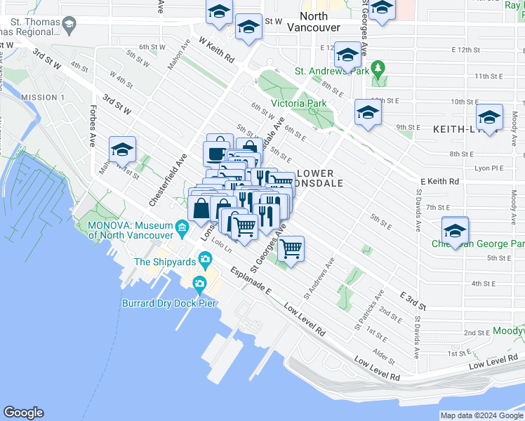 map of restaurants, bars, coffee shops, grocery stores, and more near 155 East 3rd Street in North Vancouver