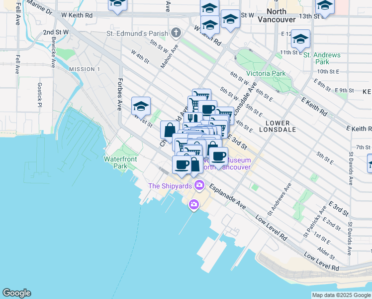 map of restaurants, bars, coffee shops, grocery stores, and more near 123 West 1st Street in North Vancouver