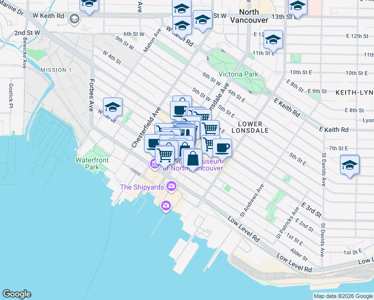 map of restaurants, bars, coffee shops, grocery stores, and more near 152 Lonsdale Avenue in North Vancouver
