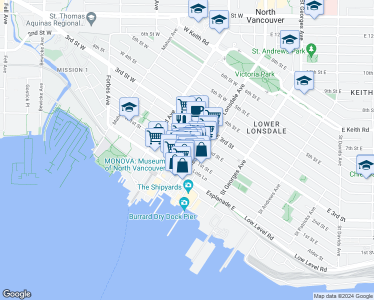 map of restaurants, bars, coffee shops, grocery stores, and more near 116 West 1st Street in North Vancouver