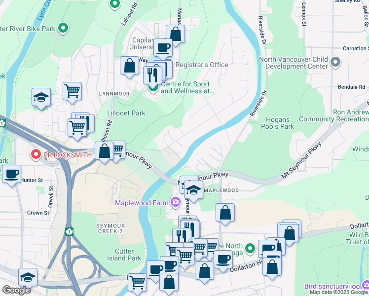 map of restaurants, bars, coffee shops, grocery stores, and more near 682 Seymour Boulevard in North Vancouver