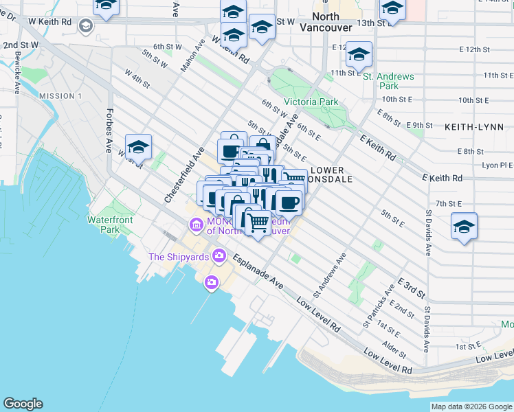 map of restaurants, bars, coffee shops, grocery stores, and more near 120 East 2nd Street in North Vancouver