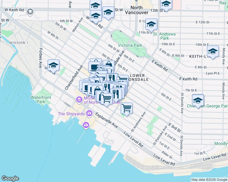 map of restaurants, bars, coffee shops, grocery stores, and more near in North Vancouver
