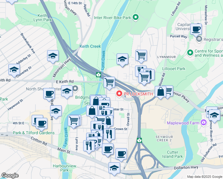 map of restaurants, bars, coffee shops, grocery stores, and more near 680 Seylynn Crescent in North Vancouver