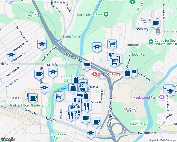 map of restaurants, bars, coffee shops, grocery stores, and more near 680 Seylynn Crescent in North Vancouver