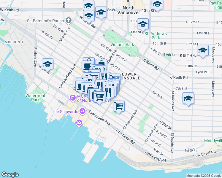 map of restaurants, bars, coffee shops, grocery stores, and more near 155 East 3rd Street in North Vancouver