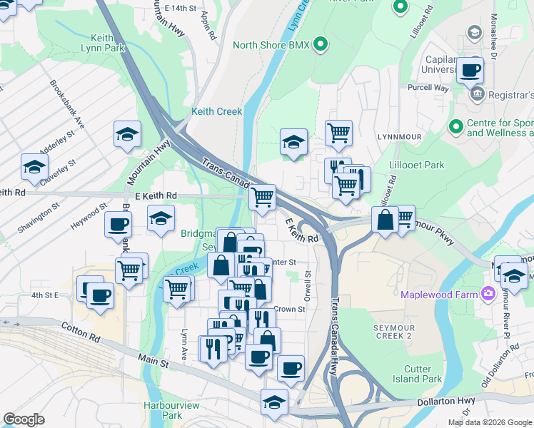 map of restaurants, bars, coffee shops, grocery stores, and more near 680 Seylynn Crescent in North Vancouver