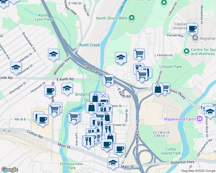 map of restaurants, bars, coffee shops, grocery stores, and more near 680 Seylynn Crescent in North Vancouver