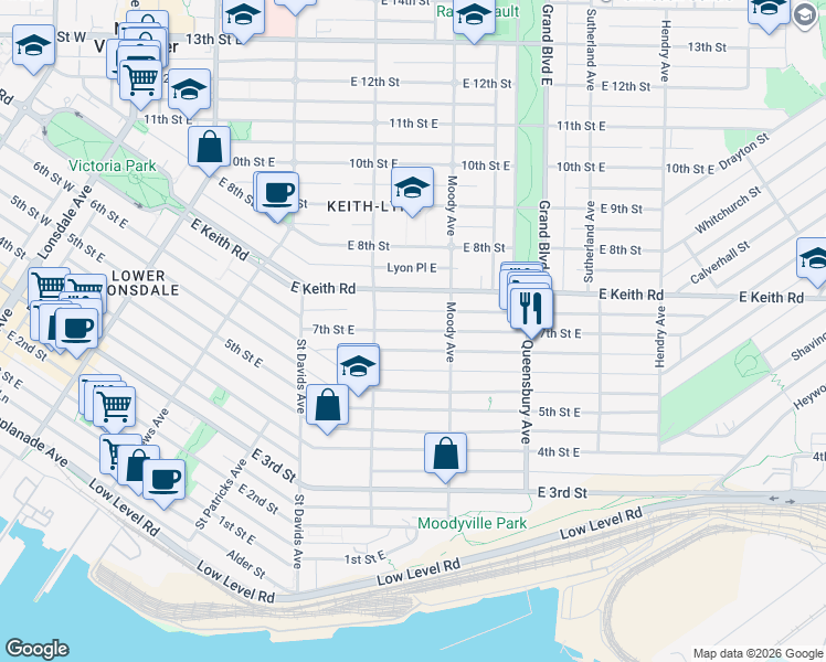 map of restaurants, bars, coffee shops, grocery stores, and more near 7th Street East in North Vancouver