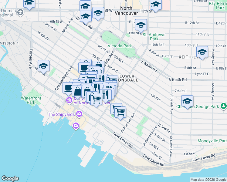 map of restaurants, bars, coffee shops, grocery stores, and more near 170 East 3rd Street in North Vancouver