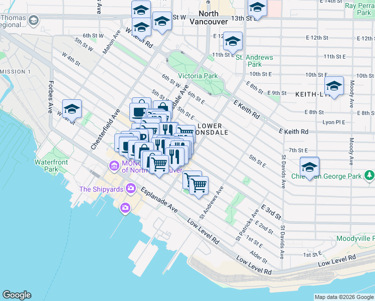 map of restaurants, bars, coffee shops, grocery stores, and more near 170 East 3rd Street in North Vancouver