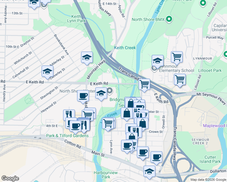 map of restaurants, bars, coffee shops, grocery stores, and more near 1327 East Keith Road in North Vancouver