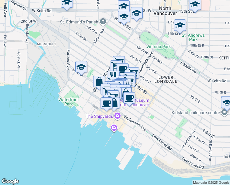 map of restaurants, bars, coffee shops, grocery stores, and more near 124 West 1st Street in North Vancouver