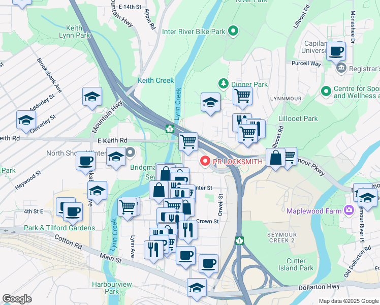 map of restaurants, bars, coffee shops, grocery stores, and more near 680 Seylynn Crescent in North Vancouver