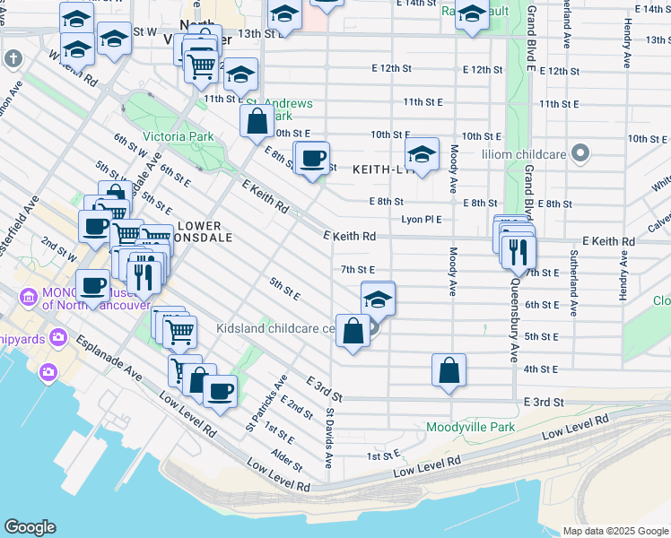 map of restaurants, bars, coffee shops, grocery stores, and more near 400 7th Street East in North Vancouver