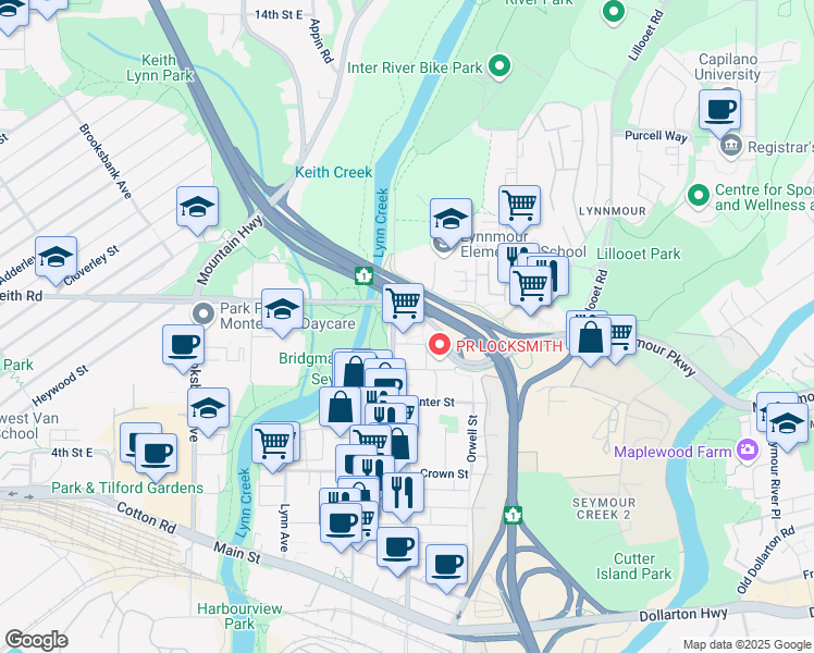 map of restaurants, bars, coffee shops, grocery stores, and more near 680 Seylynn Crescent in North Vancouver
