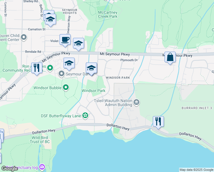 map of restaurants, bars, coffee shops, grocery stores, and more near 799 Plymouth Drive in North Vancouver