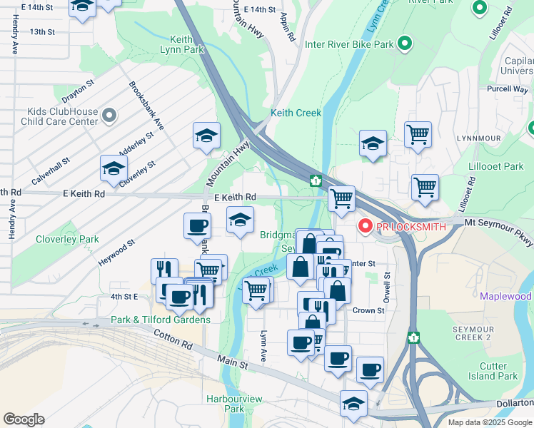 map of restaurants, bars, coffee shops, grocery stores, and more near 1327 East Keith Road in North Vancouver