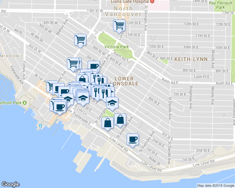 map of restaurants, bars, coffee shops, grocery stores, and more near 342 Saint Georges Avenue in North Vancouver