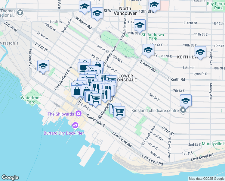 map of restaurants, bars, coffee shops, grocery stores, and more near in North Vancouver