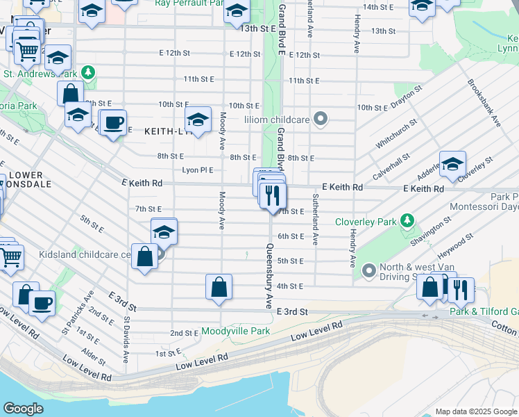 map of restaurants, bars, coffee shops, grocery stores, and more near 654 7th Street East in North Vancouver