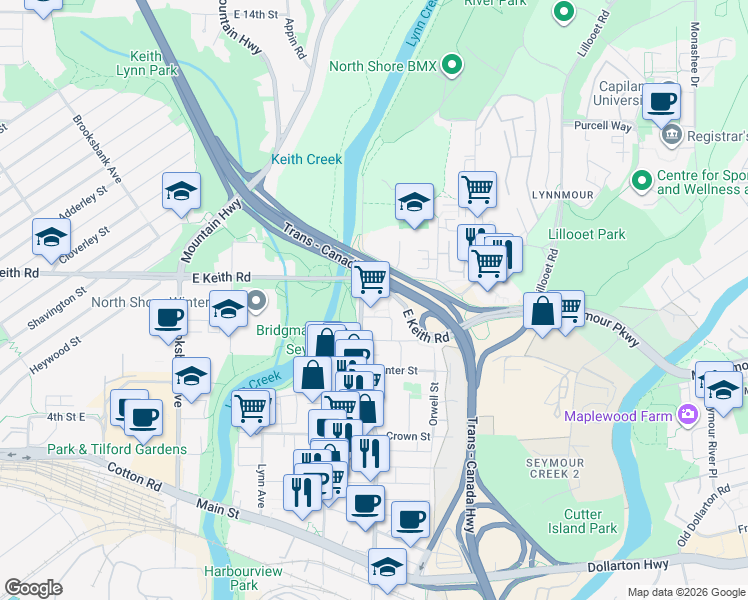 map of restaurants, bars, coffee shops, grocery stores, and more near 680 Seylynn Crescent in North Vancouver