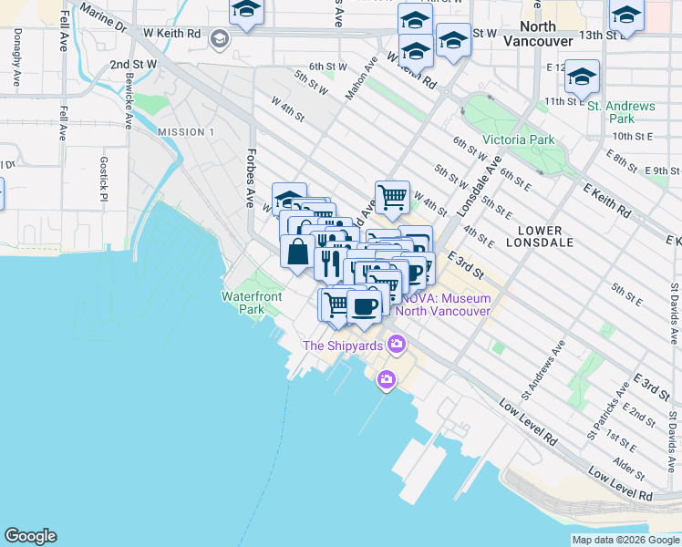 map of restaurants, bars, coffee shops, grocery stores, and more near 175 West 1st Street in North Vancouver