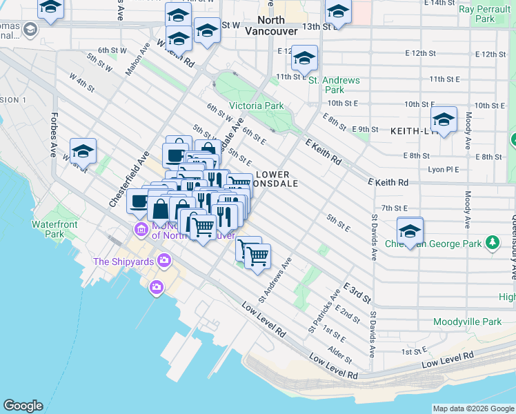 map of restaurants, bars, coffee shops, grocery stores, and more near 342 Saint Georges Avenue in North Vancouver