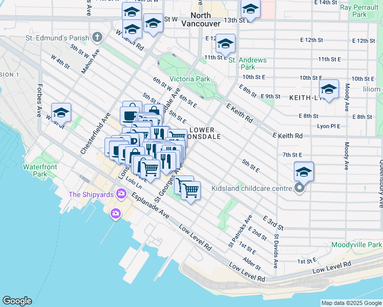 map of restaurants, bars, coffee shops, grocery stores, and more near 342 Saint Georges Avenue in North Vancouver