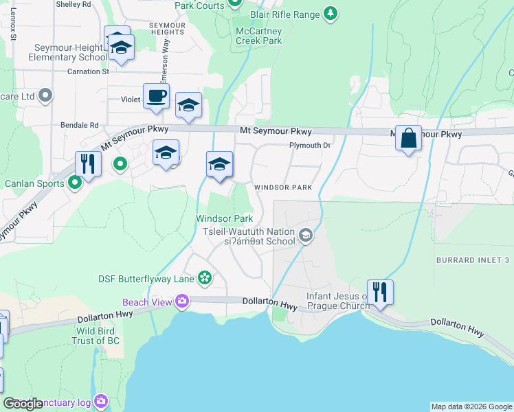 map of restaurants, bars, coffee shops, grocery stores, and more near 799 Plymouth Drive in North Vancouver