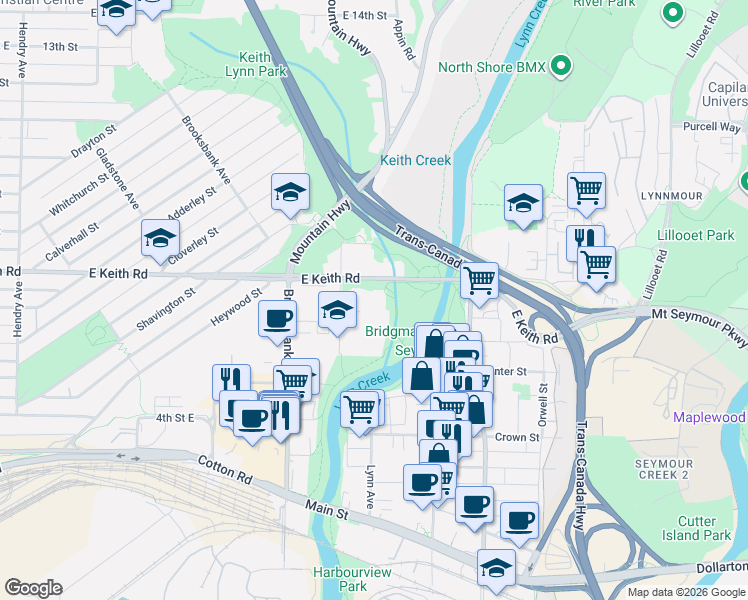 map of restaurants, bars, coffee shops, grocery stores, and more near 1327 East Keith Road in North Vancouver
