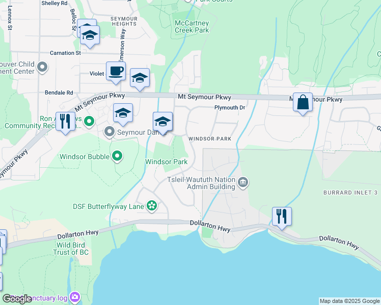 map of restaurants, bars, coffee shops, grocery stores, and more near 799 Plymouth Drive in North Vancouver
