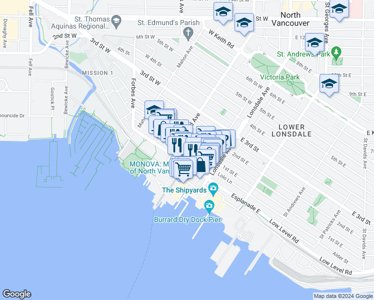 map of restaurants, bars, coffee shops, grocery stores, and more near in North Vancouver