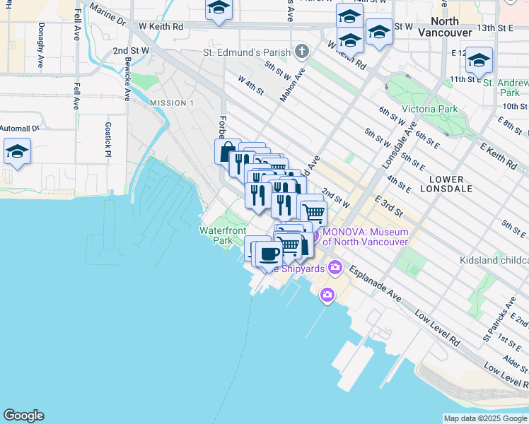 map of restaurants, bars, coffee shops, grocery stores, and more near 415 Esplanade West in North Vancouver