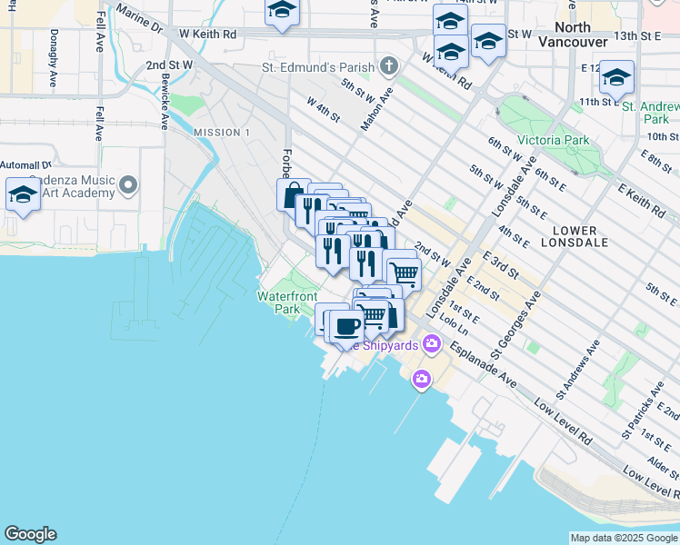 map of restaurants, bars, coffee shops, grocery stores, and more near in Vancouver