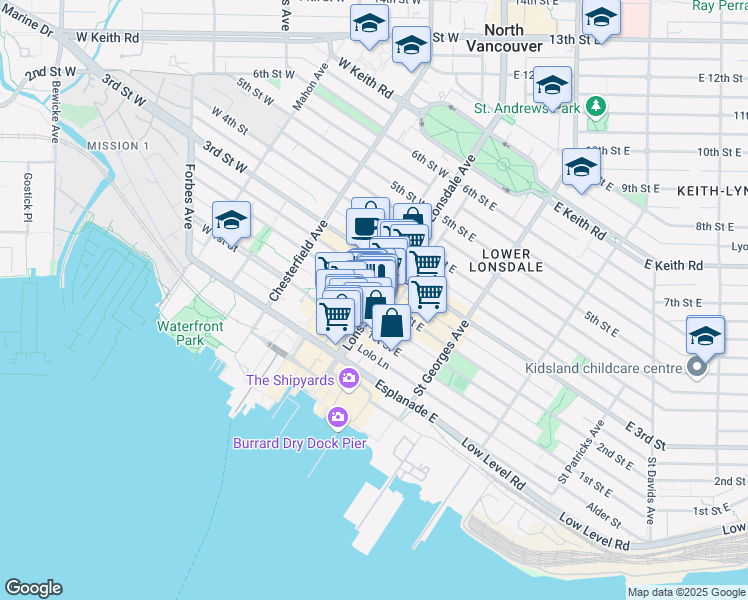 map of restaurants, bars, coffee shops, grocery stores, and more near 411 2nd Street West in North Vancouver