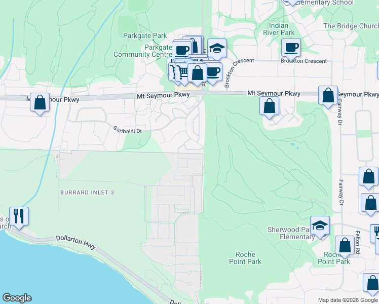 map of restaurants, bars, coffee shops, grocery stores, and more near in North Vancouver
