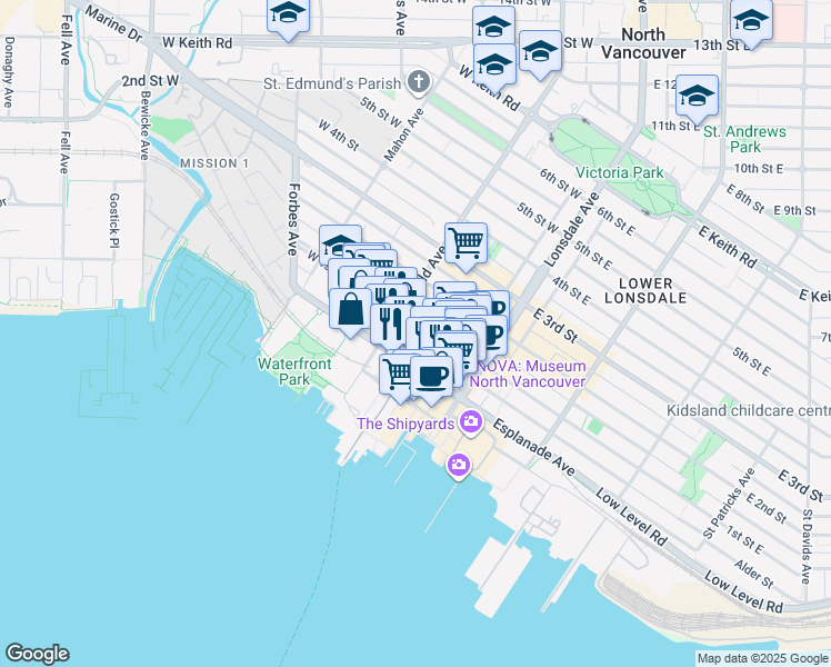 map of restaurants, bars, coffee shops, grocery stores, and more near 175 West 1st Street in North Vancouver