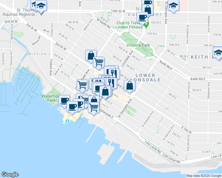 map of restaurants, bars, coffee shops, grocery stores, and more near 212 Lonsdale Avenue in North Vancouver