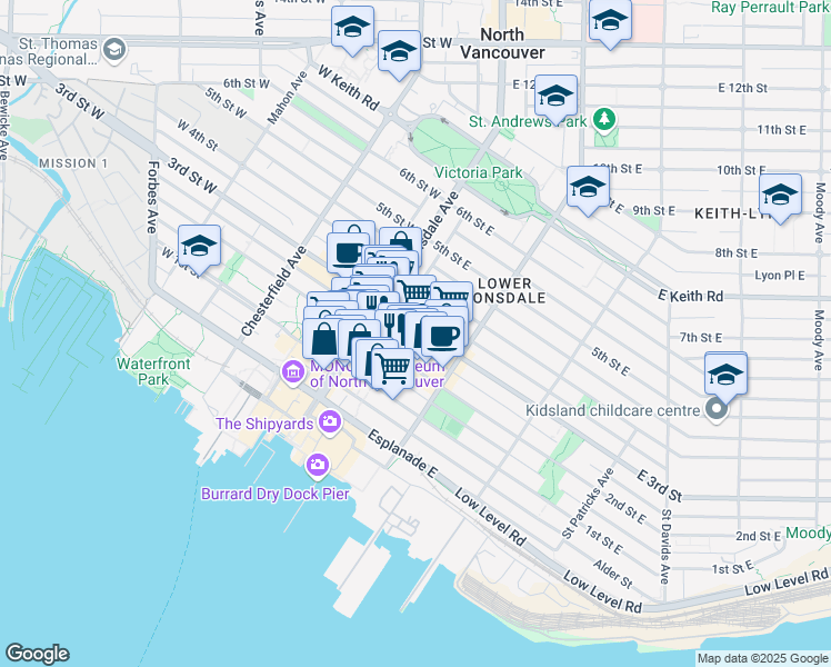 map of restaurants, bars, coffee shops, grocery stores, and more near 149 East 3rd Street in North Vancouver