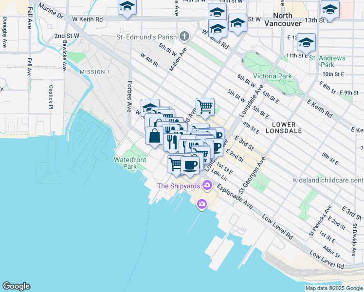 map of restaurants, bars, coffee shops, grocery stores, and more near in North Vancouver