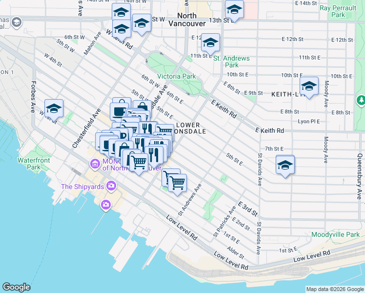 map of restaurants, bars, coffee shops, grocery stores, and more near in North Vancouver