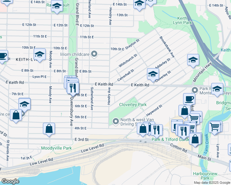 map of restaurants, bars, coffee shops, grocery stores, and more near 920 Adderley Street in North Vancouver