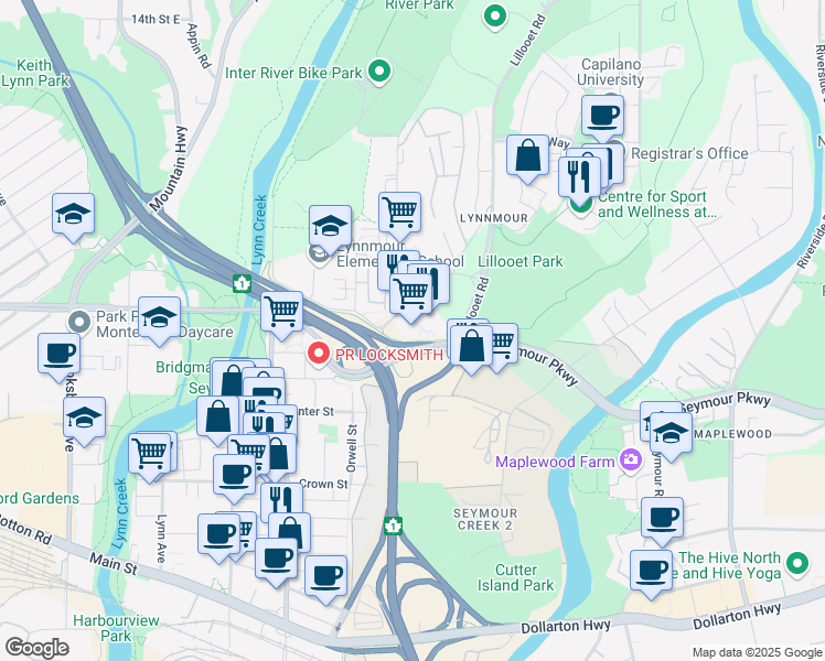 map of restaurants, bars, coffee shops, grocery stores, and more near 720 Old Lillooet Road in North Vancouver