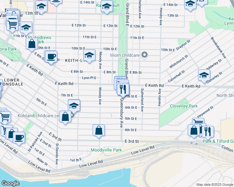map of restaurants, bars, coffee shops, grocery stores, and more near 654 7th Street East in North Vancouver