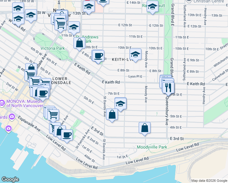 map of restaurants, bars, coffee shops, grocery stores, and more near 428 7th Street East in North Vancouver